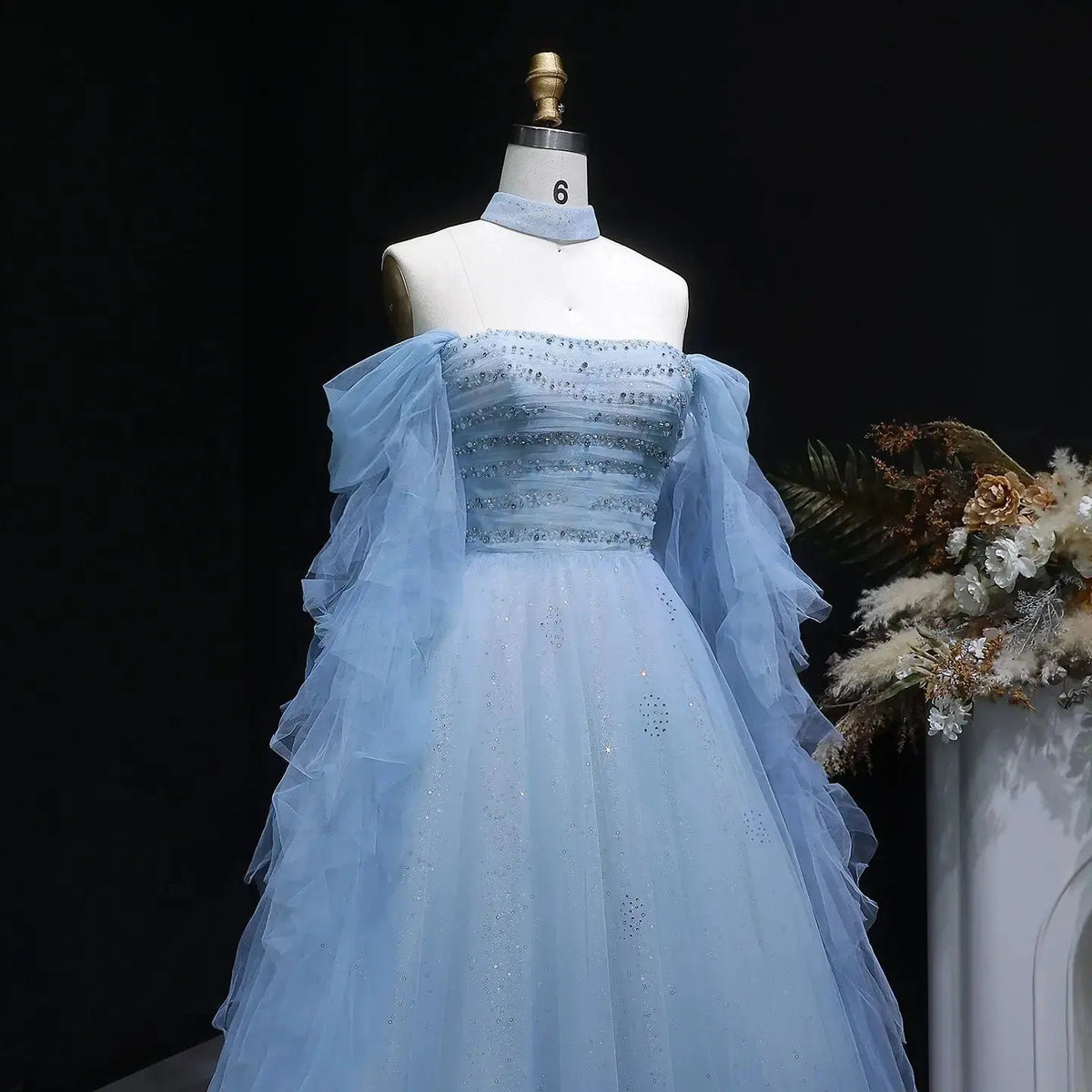 Luxury Blue Flowy Cape Beaded Waist Ball Gown Evening Dress SS737