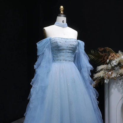 Luxury Blue Flowy Cape Beaded Waist Ball Gown Evening Dress SS737