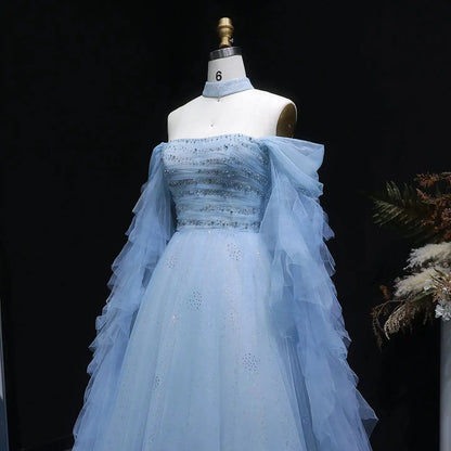 Luxury Blue Flowy Cape Beaded Waist Ball Gown Evening Dress SS737
