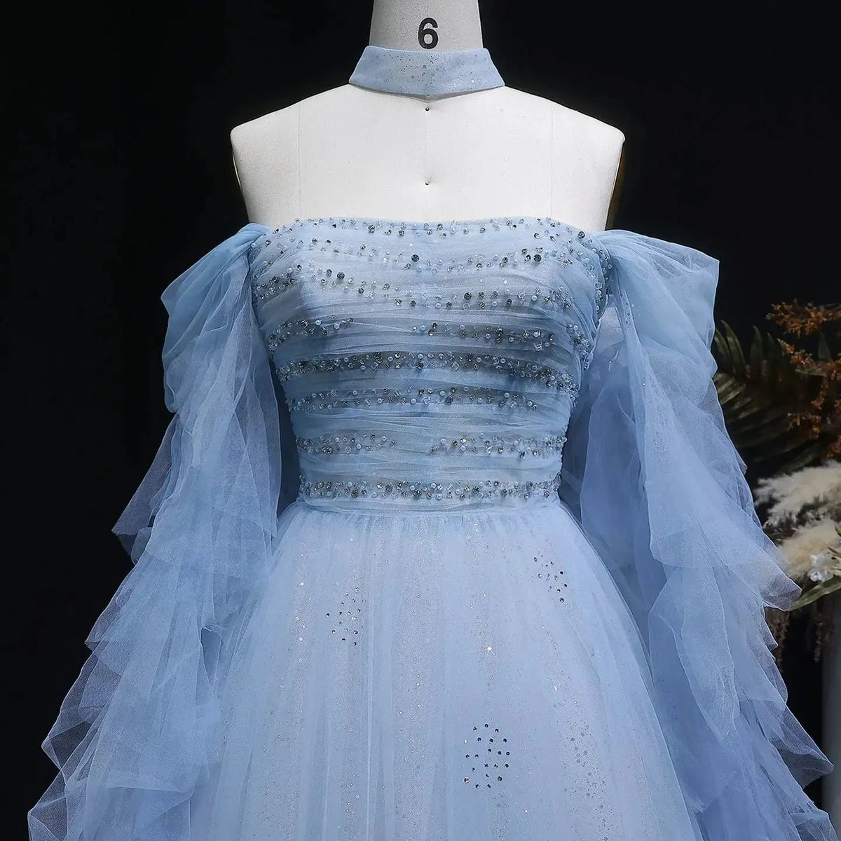 Luxury Blue Flowy Cape Beaded Waist Ball Gown Evening Dress SS737