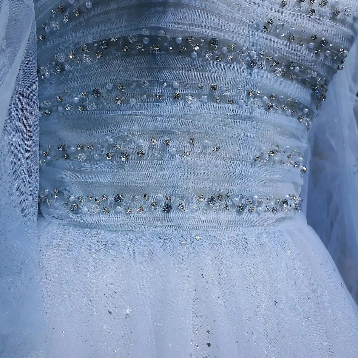 Luxury Blue Flowy Cape Beaded Waist Ball Gown Evening Dress SS737