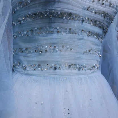 Luxury Blue Flowy Cape Beaded Waist Ball Gown Evening Dress SS737