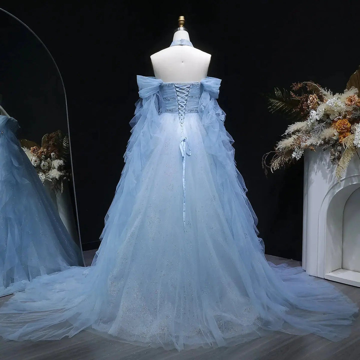 Luxury Blue Flowy Cape Beaded Waist Ball Gown Evening Dress SS737