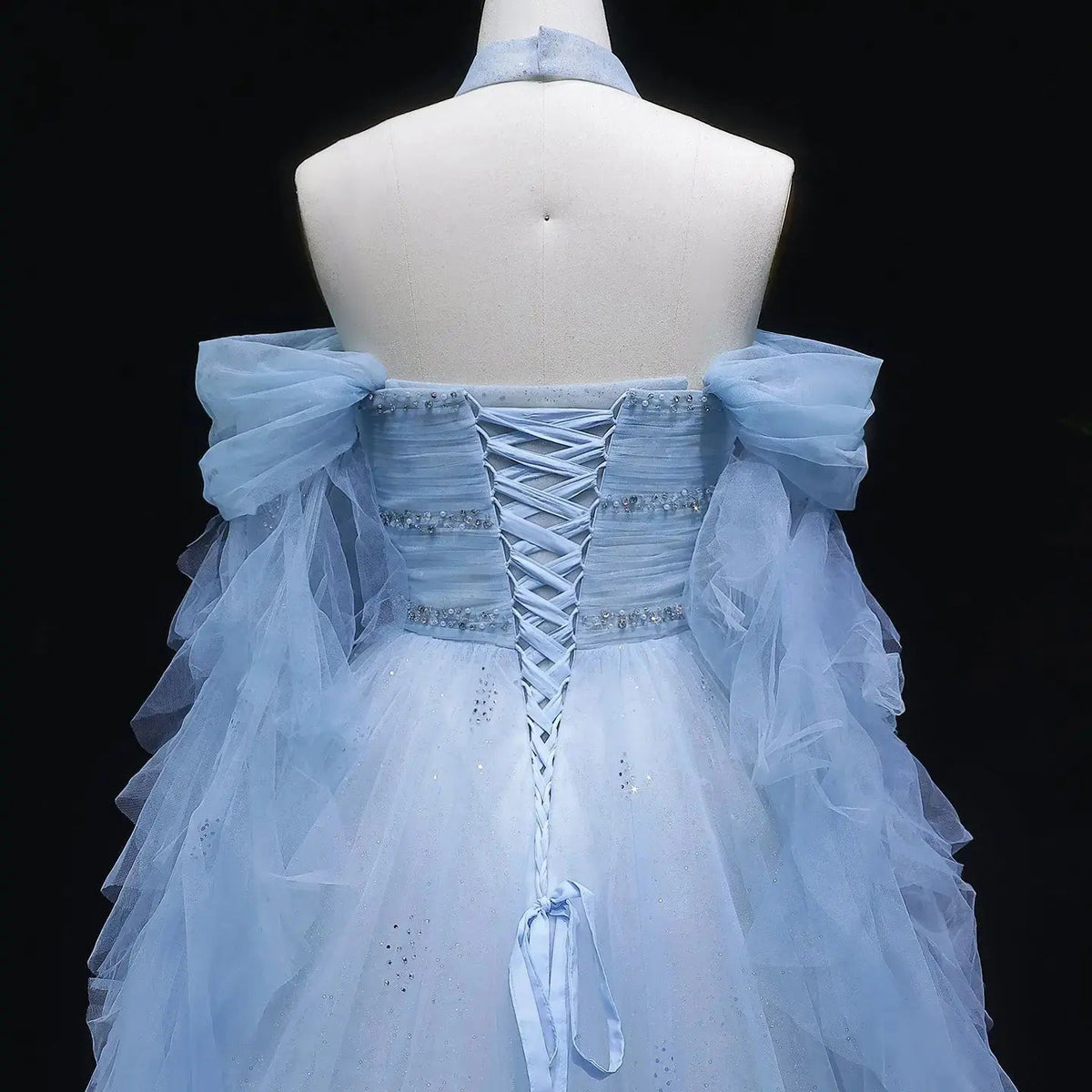 Luxury Blue Flowy Cape Beaded Waist Ball Gown Evening Dress SS737
