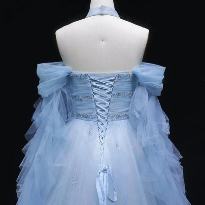 Luxury Blue Flowy Cape Beaded Waist Ball Gown Evening Dress SS737