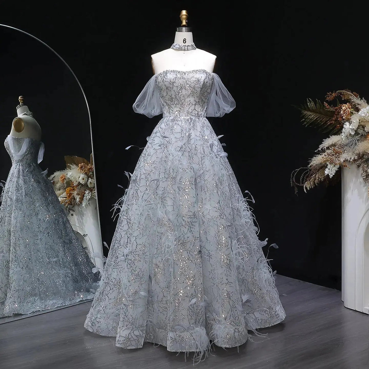 Luxury Gray Feather Lace Beaded Off-the-Shoulder Train Evening Dress SS738