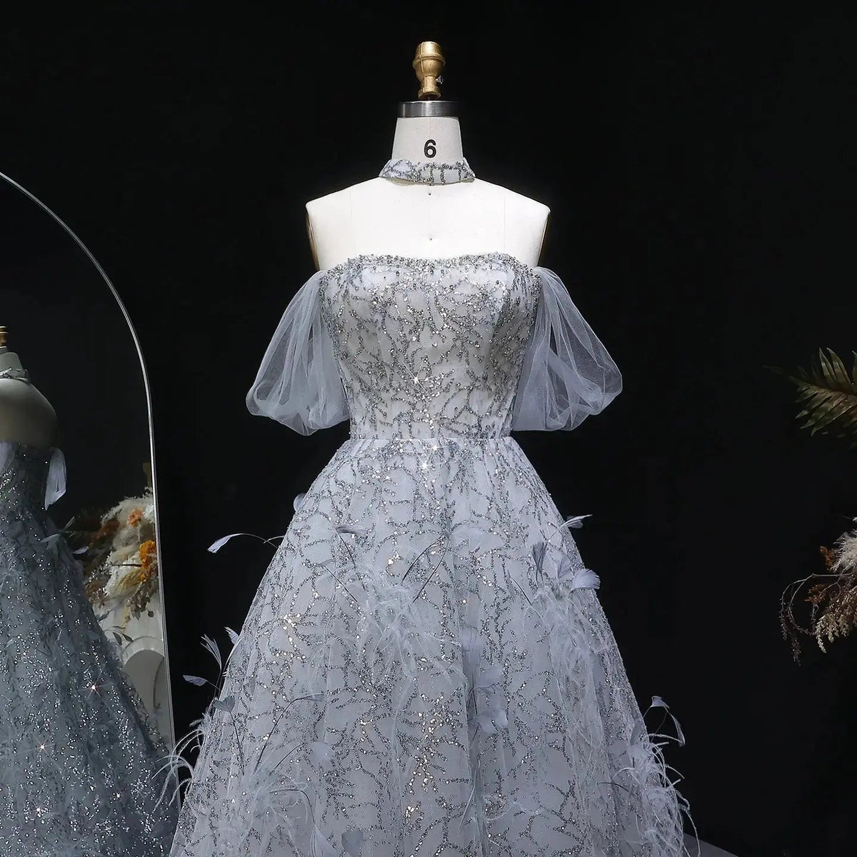 Luxury Gray Feather Lace Beaded Off-the-Shoulder Train Evening Dress SS738