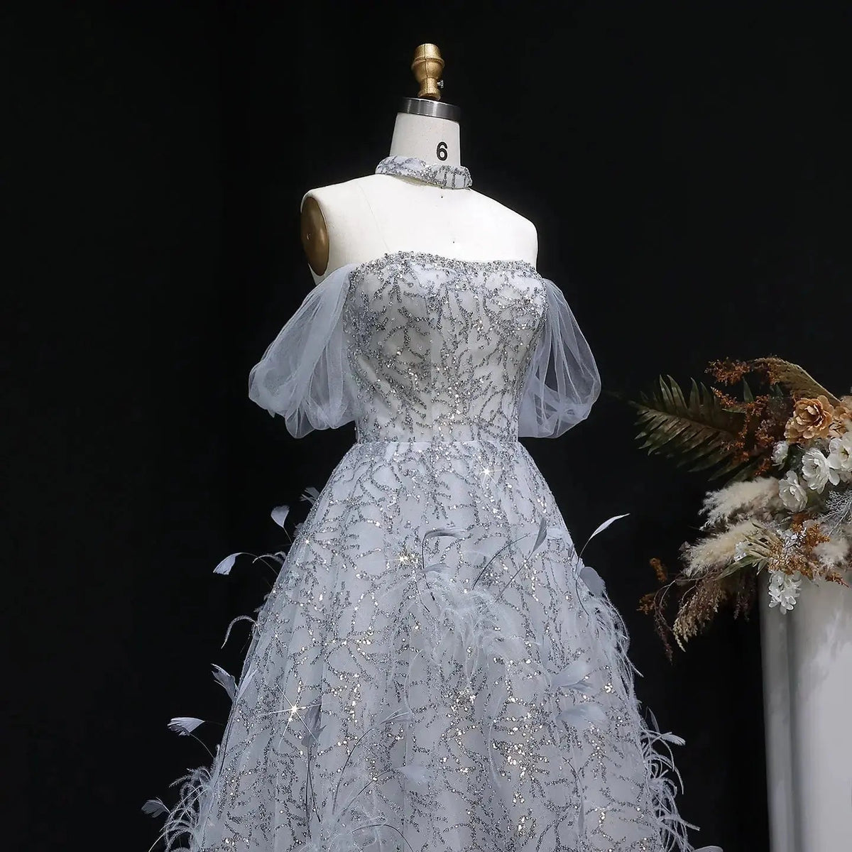 Luxury Gray Feather Lace Beaded Off-the-Shoulder Train Evening Dress SS738