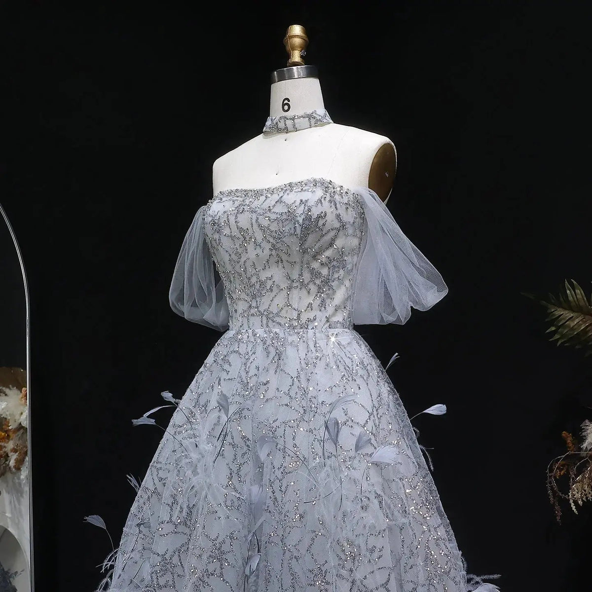 Luxury Gray Feather Lace Beaded Off-the-Shoulder Train Evening Dress SS738