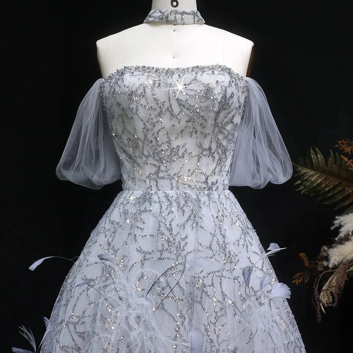 Luxury Gray Feather Lace Beaded Off-the-Shoulder Train Evening Dress SS738