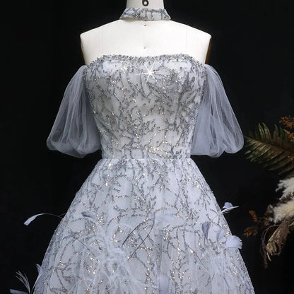 Luxury Gray Feather Lace Beaded Off-the-Shoulder Train Evening Dress SS738