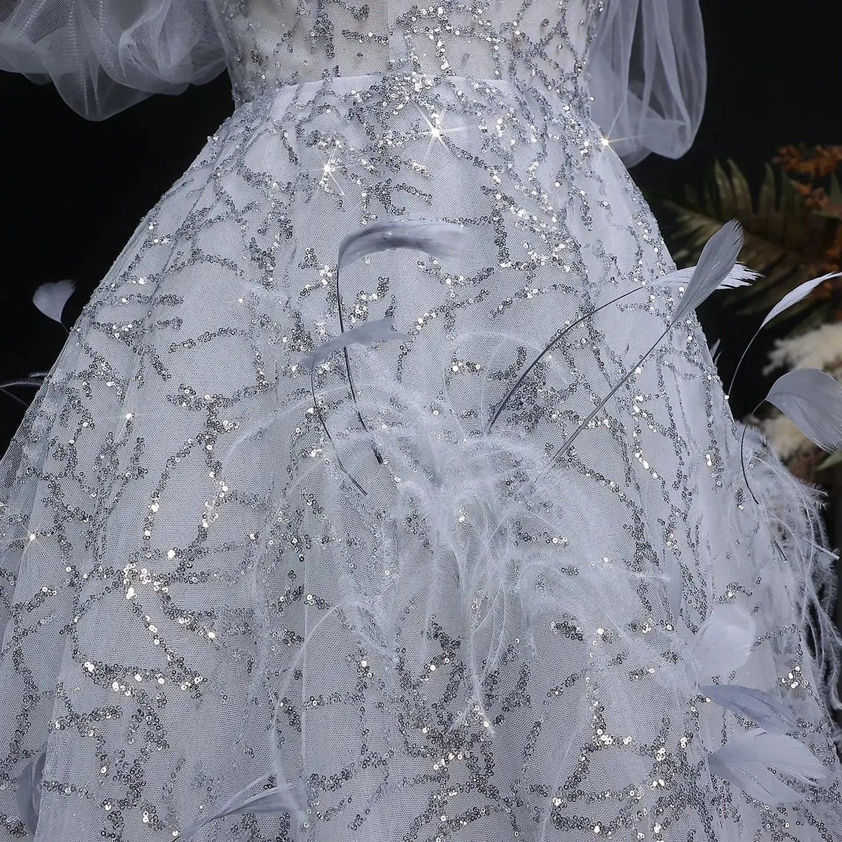 Luxury Gray Feather Lace Beaded Off-the-Shoulder Train Evening Dress SS738