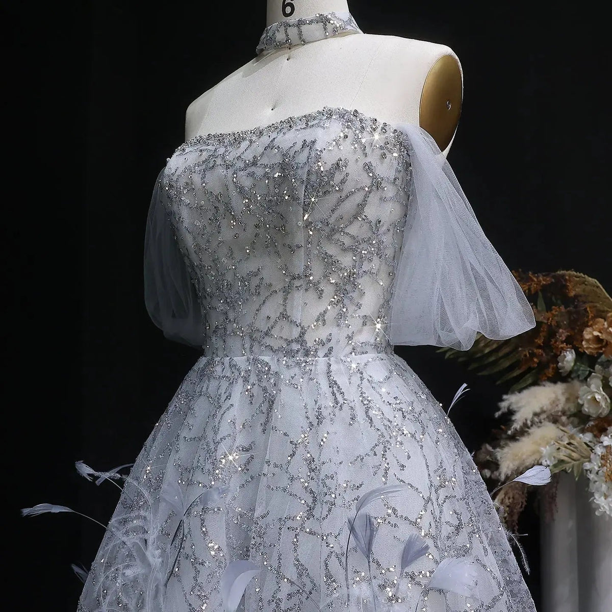 Luxury Gray Feather Lace Beaded Off-the-Shoulder Train Evening Dress SS738