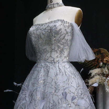 Luxury Gray Feather Lace Beaded Off-the-Shoulder Train Evening Dress SS738