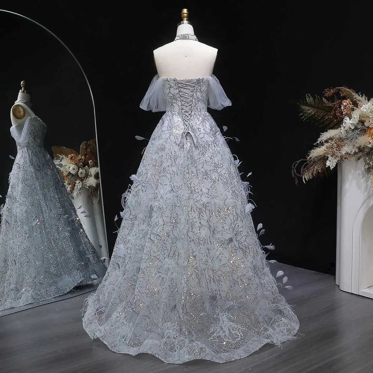 Luxury Gray Feather Lace Beaded Off-the-Shoulder Train Evening Dress SS738