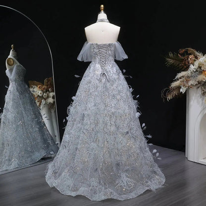 Luxury Gray Feather Lace Beaded Off-the-Shoulder Train Evening Dress SS738