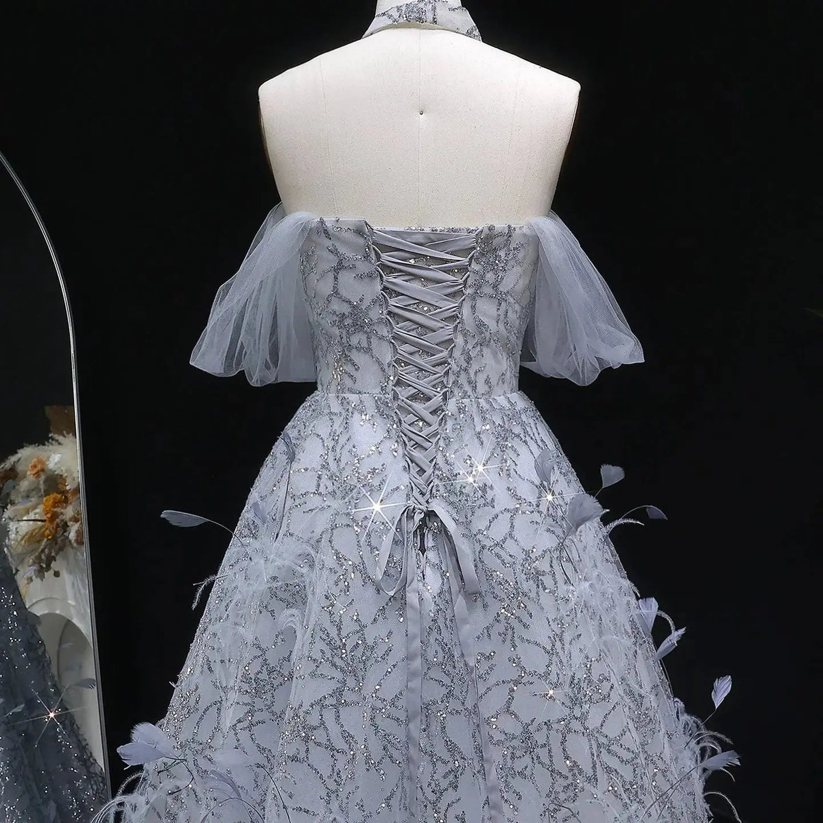 Luxury Gray Feather Lace Beaded Off-the-Shoulder Train Evening Dress SS738