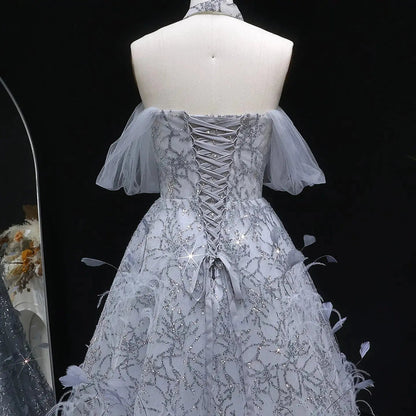 Luxury Gray Feather Lace Beaded Off-the-Shoulder Train Evening Dress SS738