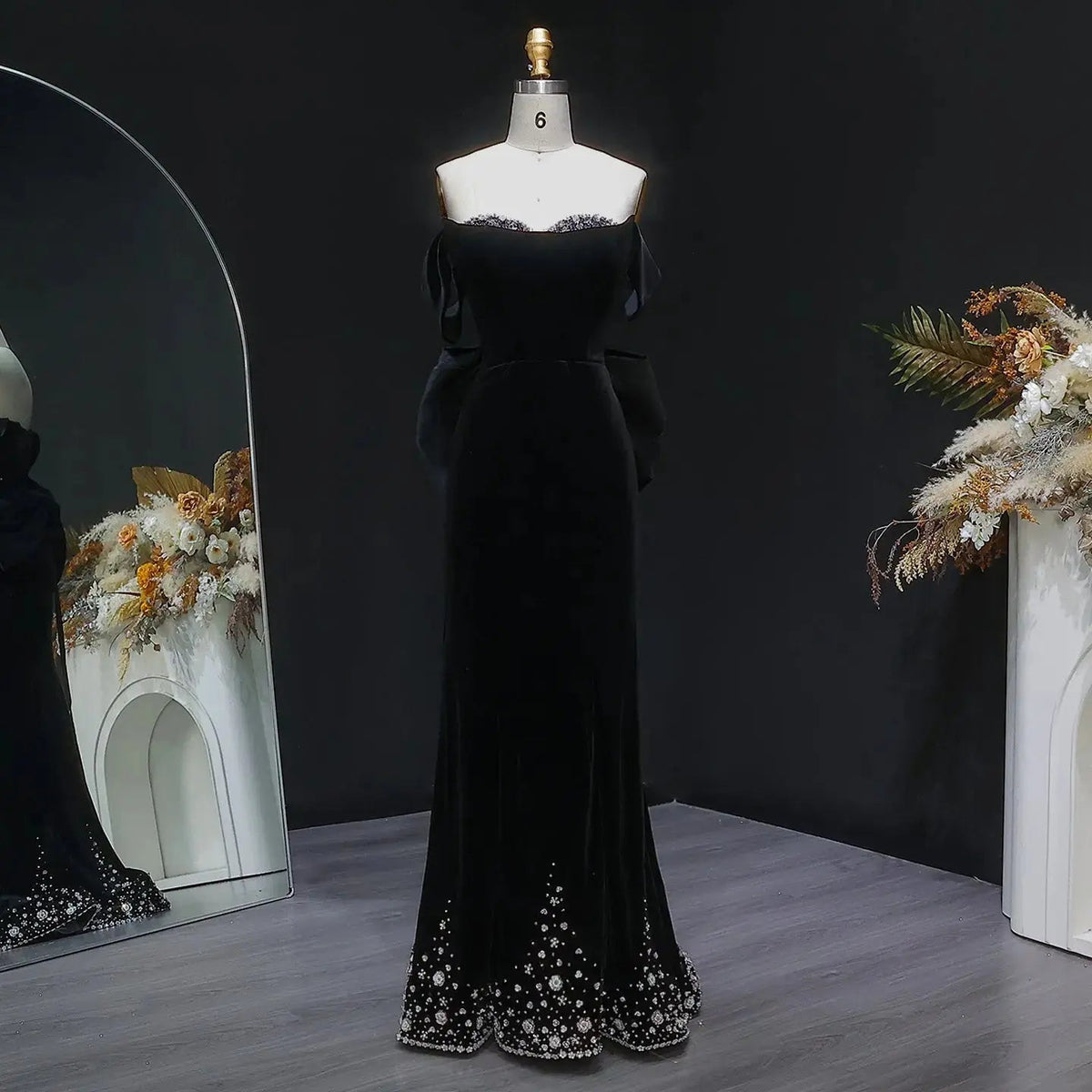 Luxury Black Velvet Beaded Fitted Train Evening Dress with Bow SS739