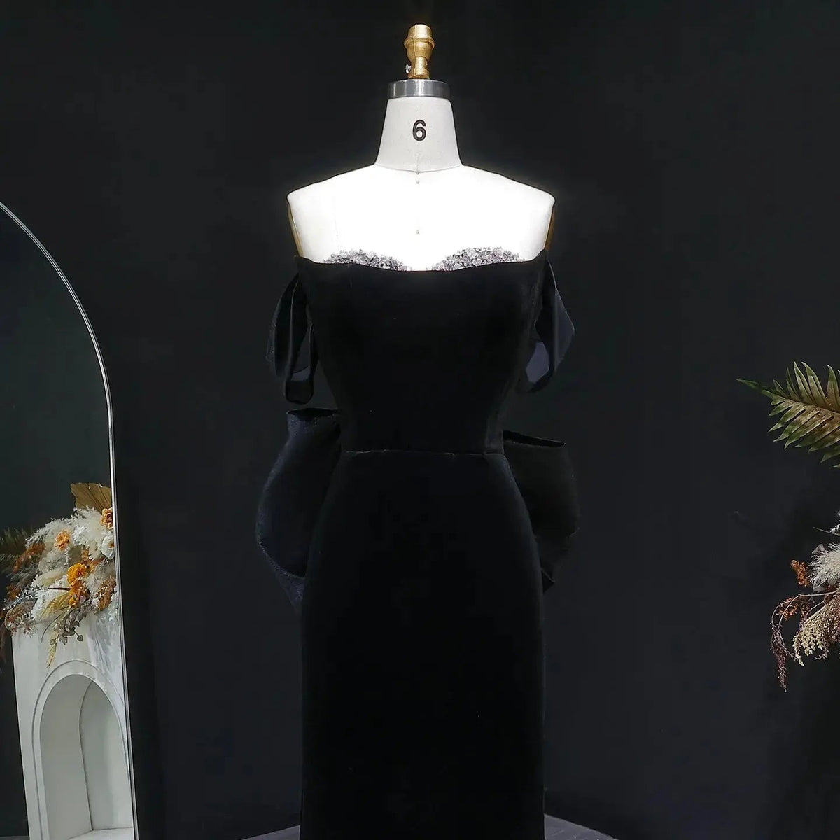Luxury Black Velvet Beaded Fitted Train Evening Dress with Bow SS739