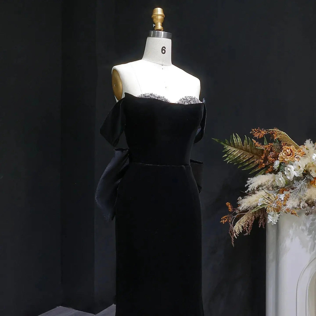Luxury Black Velvet Beaded Fitted Train Evening Dress with Bow SS739