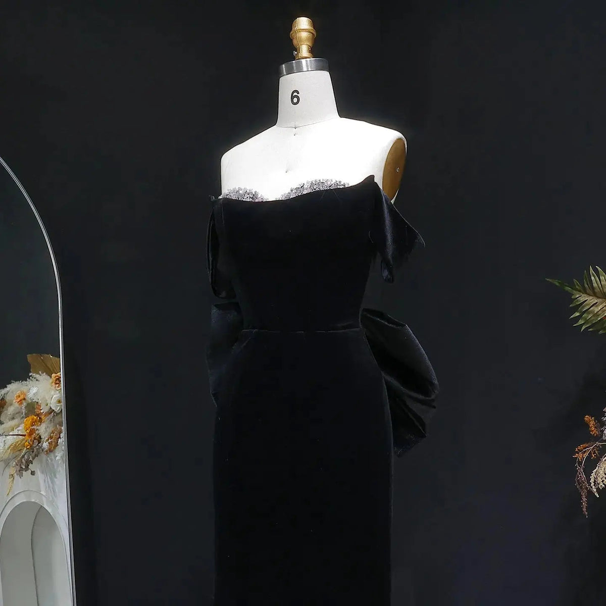 Luxury Black Velvet Beaded Fitted Train Evening Dress with Bow SS739