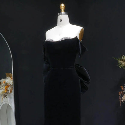 Luxury Black Velvet Beaded Fitted Train Evening Dress with Bow SS739