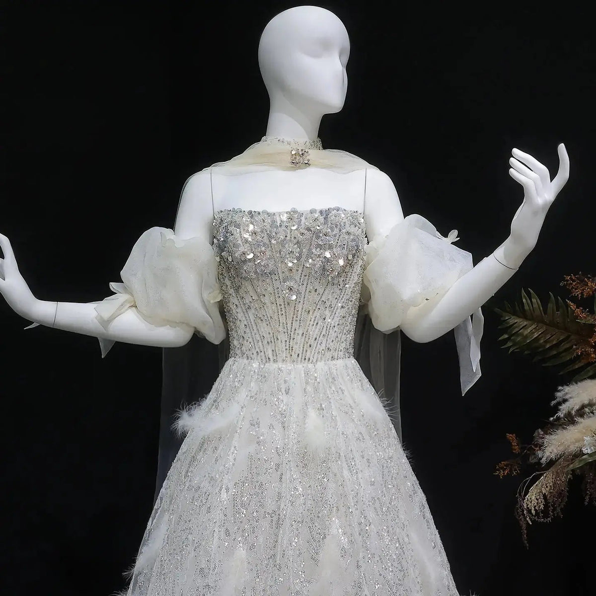 Luxury Beige Beaded Sequin 3D Petal Evening Dress with Scarf SS741