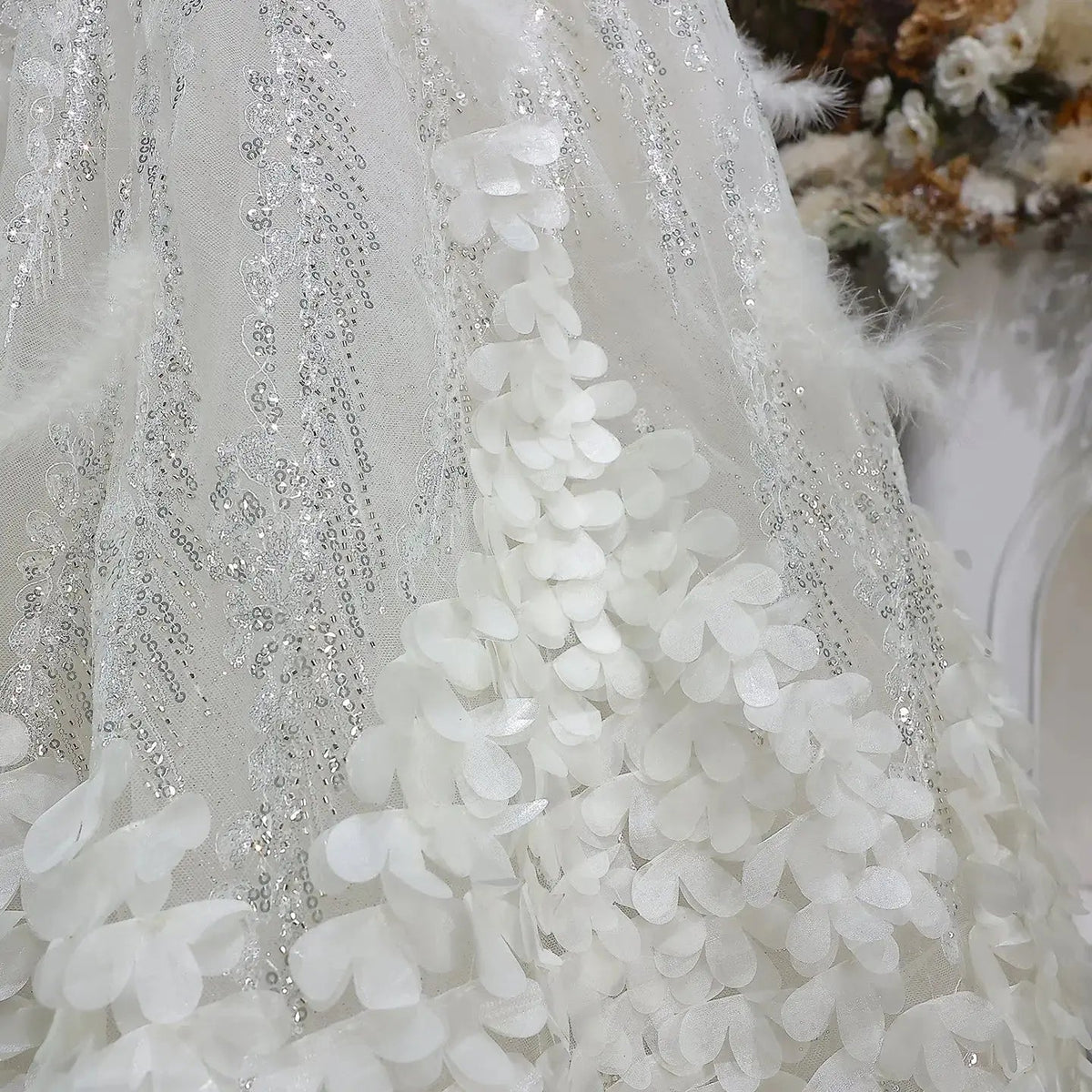 Luxury Beige Beaded Sequin 3D Petal Evening Dress with Scarf SS741
