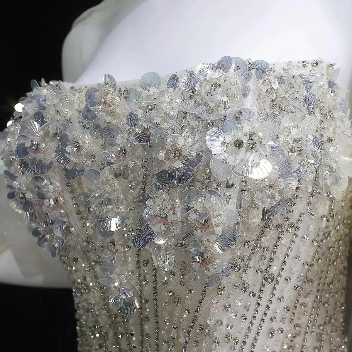 Luxury Beige Beaded Sequin 3D Petal Evening Dress with Scarf SS741