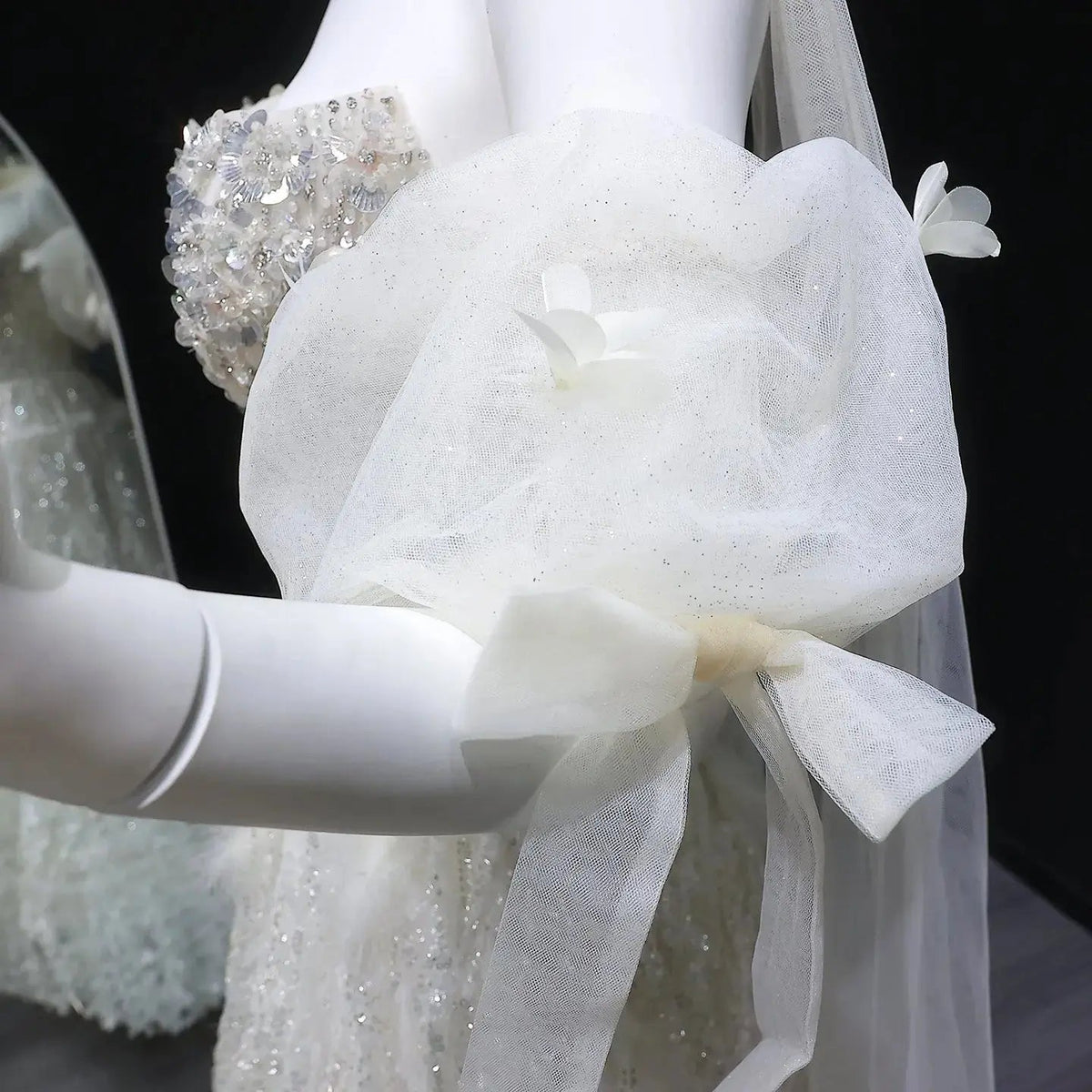 Luxury Beige Beaded Sequin 3D Petal Evening Dress with Scarf SS741
