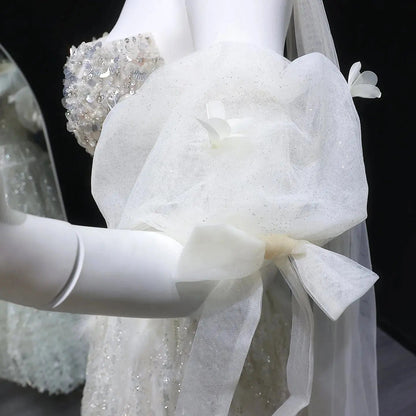 Luxury Beige Beaded Sequin 3D Petal Evening Dress with Scarf SS741
