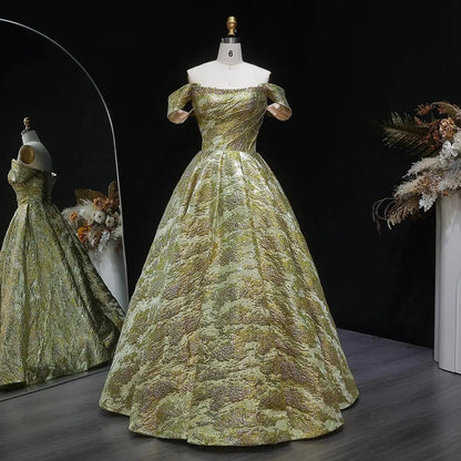 Luxury Gold Jacquard Off-the-Shoulder Ball Gown Satin Evening Dress SS742