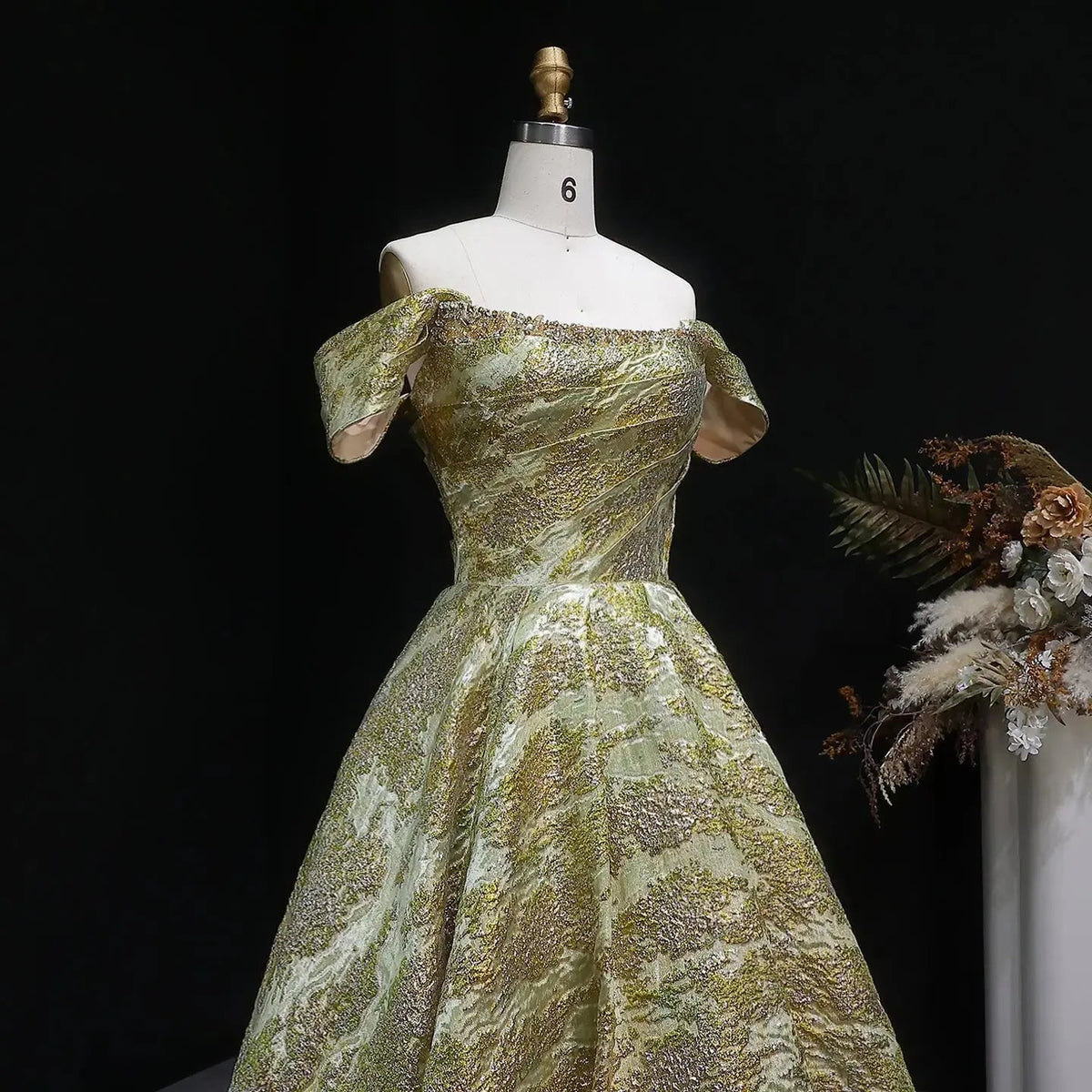 Luxury Gold Jacquard Off-the-Shoulder Ball Gown Satin Evening Dress SS742