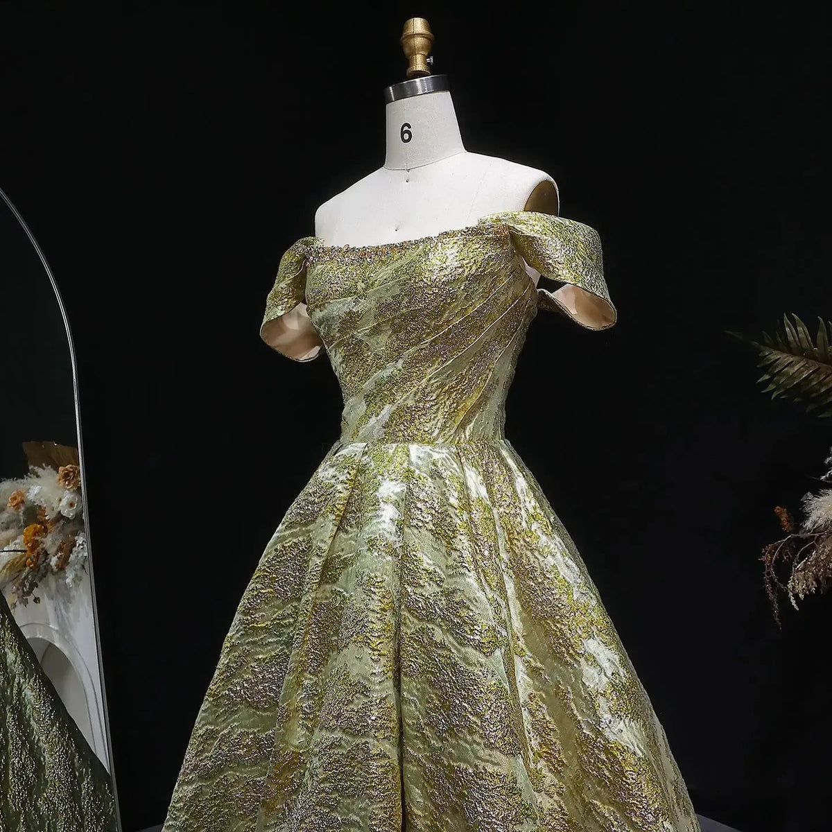 Luxury Gold Jacquard Off-the-Shoulder Ball Gown Satin Evening Dress SS742