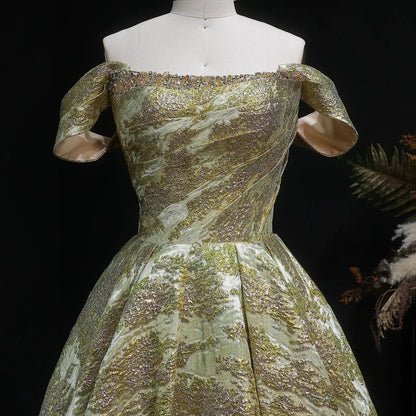 Luxury Gold Jacquard Off-the-Shoulder Ball Gown Satin Evening Dress SS742