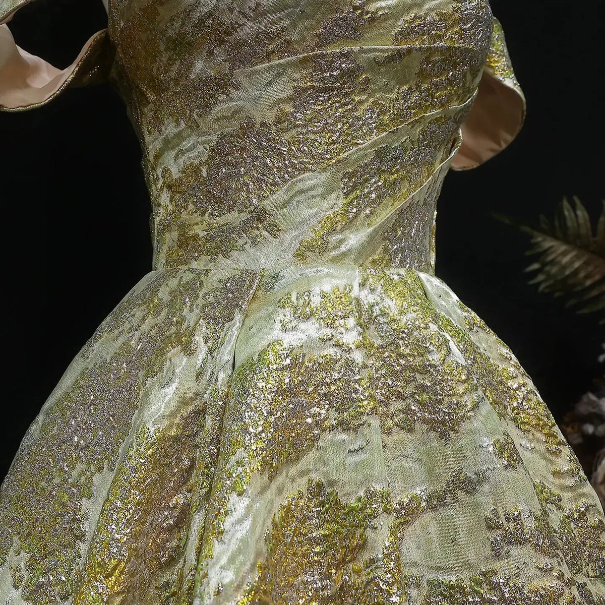 Luxury Gold Jacquard Off-the-Shoulder Ball Gown Satin Evening Dress SS742