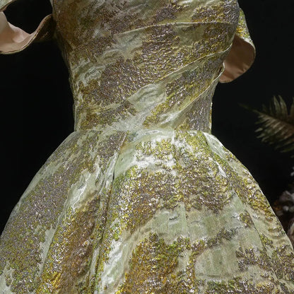Luxury Gold Jacquard Off-the-Shoulder Ball Gown Satin Evening Dress SS742