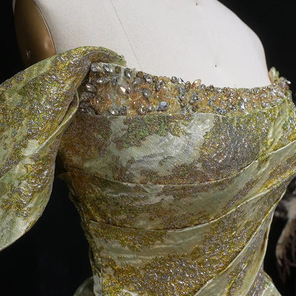 Luxury Gold Jacquard Off-the-Shoulder Ball Gown Satin Evening Dress SS742
