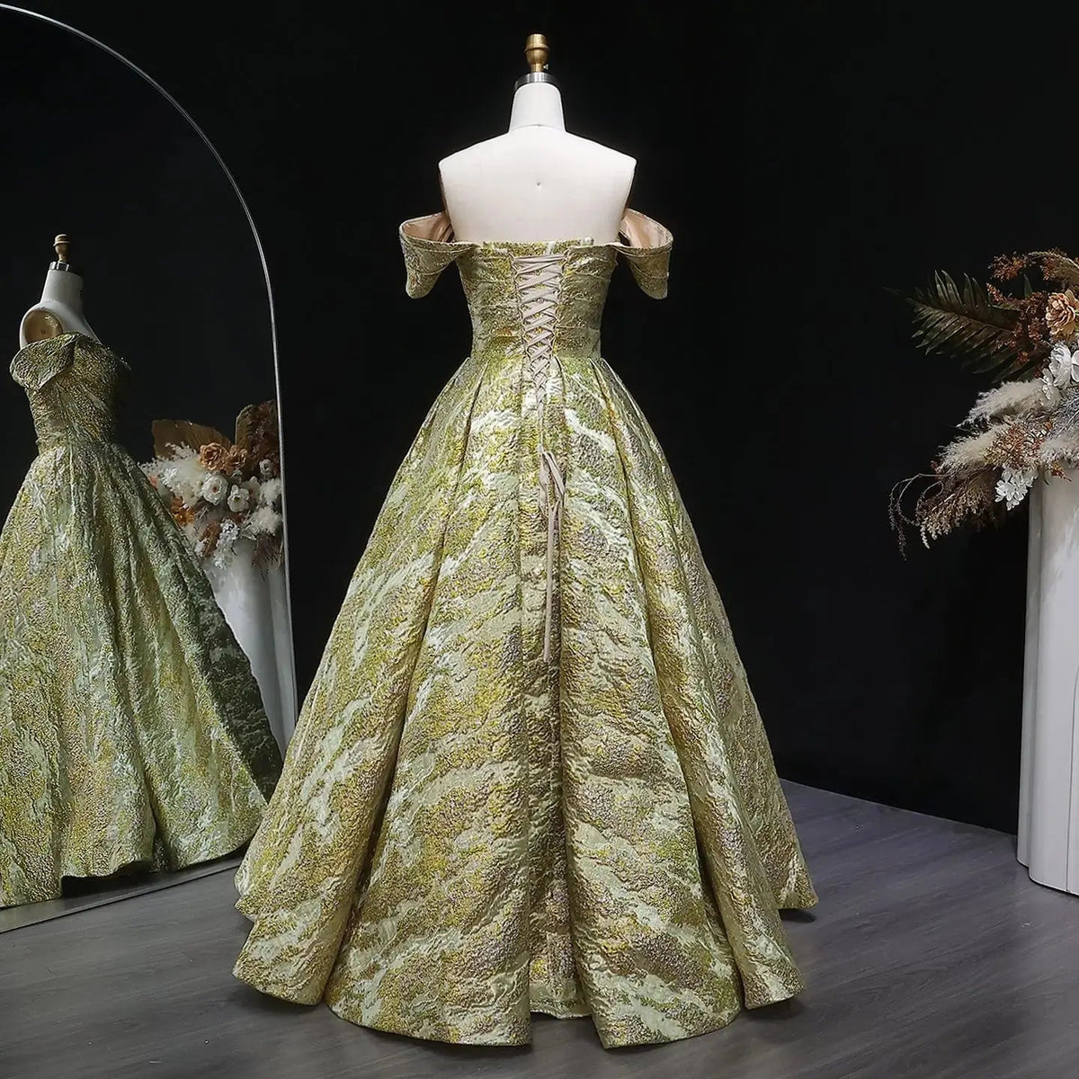 Luxury Gold Jacquard Off-the-Shoulder Ball Gown Satin Evening Dress SS742