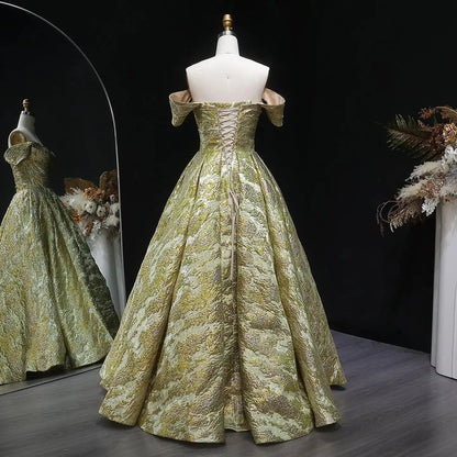 Luxury Gold Jacquard Off-the-Shoulder Ball Gown Satin Evening Dress SS742