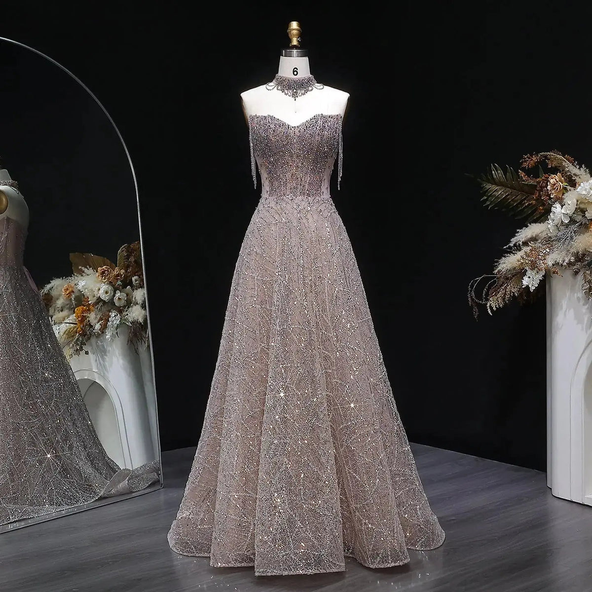 Luxury Pink Full Rhinestone Sequin Strapless Fitted Long Evening Dress SS744