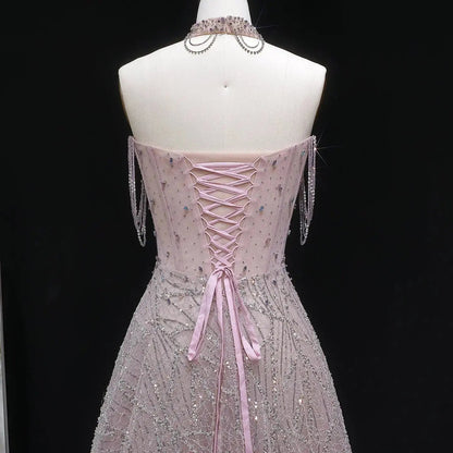Luxury Pink Full Rhinestone Sequin Strapless Fitted Long Evening Dress SS744