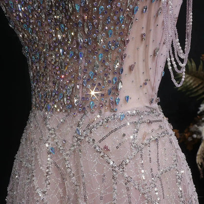 Luxury Pink Full Rhinestone Sequin Strapless Fitted Long Evening Dress SS744