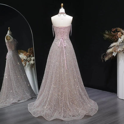 Luxury Pink Full Rhinestone Sequin Strapless Fitted Long Evening Dress SS744