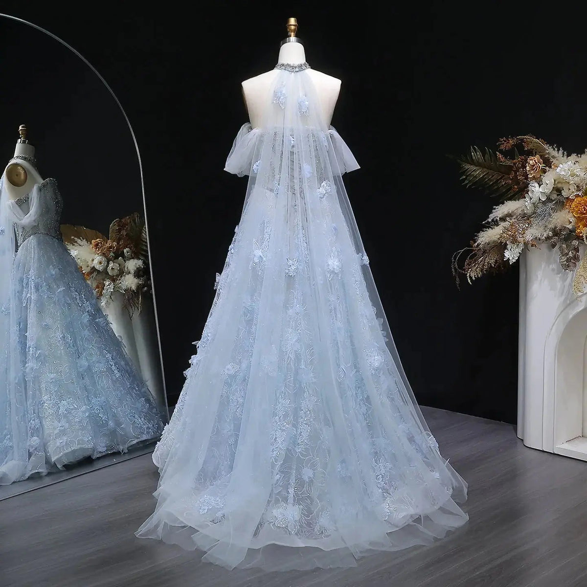 Luxury Blue 3D Floral Beaded Ball Gown Evening Dress with Overskirt SS745