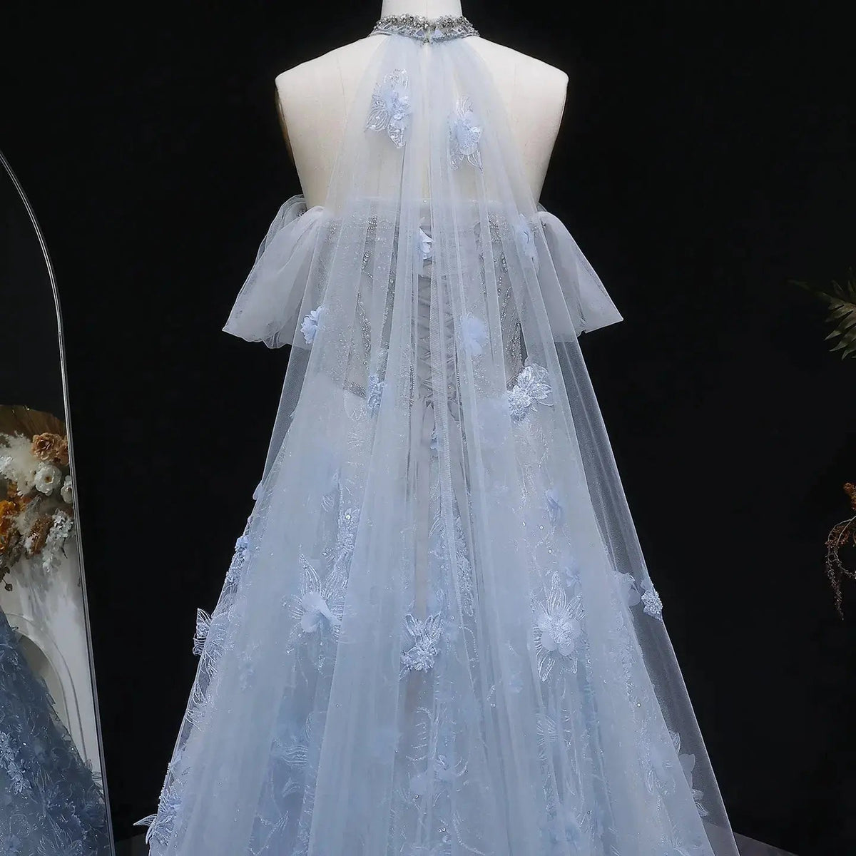 Luxury Blue 3D Floral Beaded Ball Gown Evening Dress with Overskirt SS745