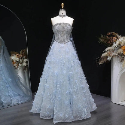Luxury Blue 3D Floral Beaded Ball Gown Evening Dress with Overskirt SS745