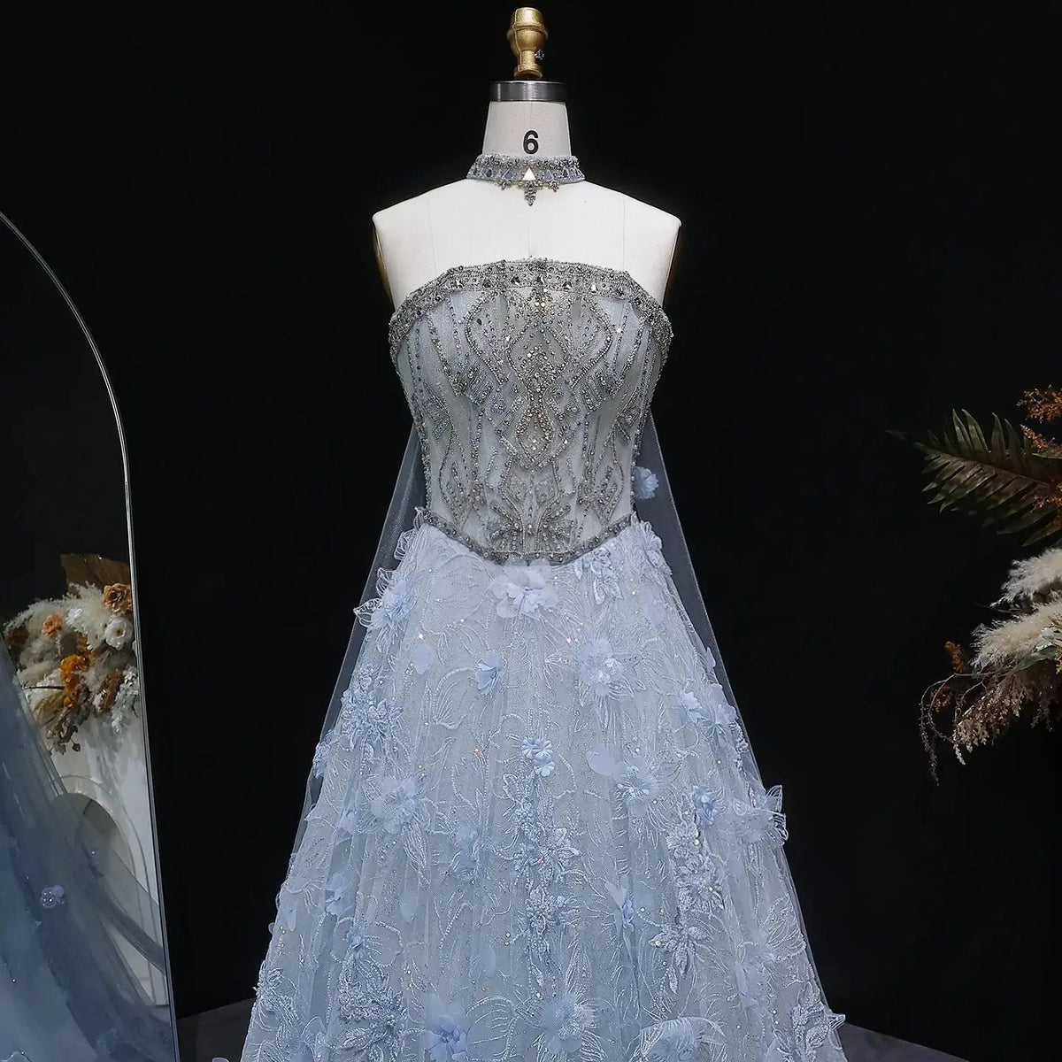 Luxury Blue 3D Floral Beaded Ball Gown Evening Dress with Overskirt SS745