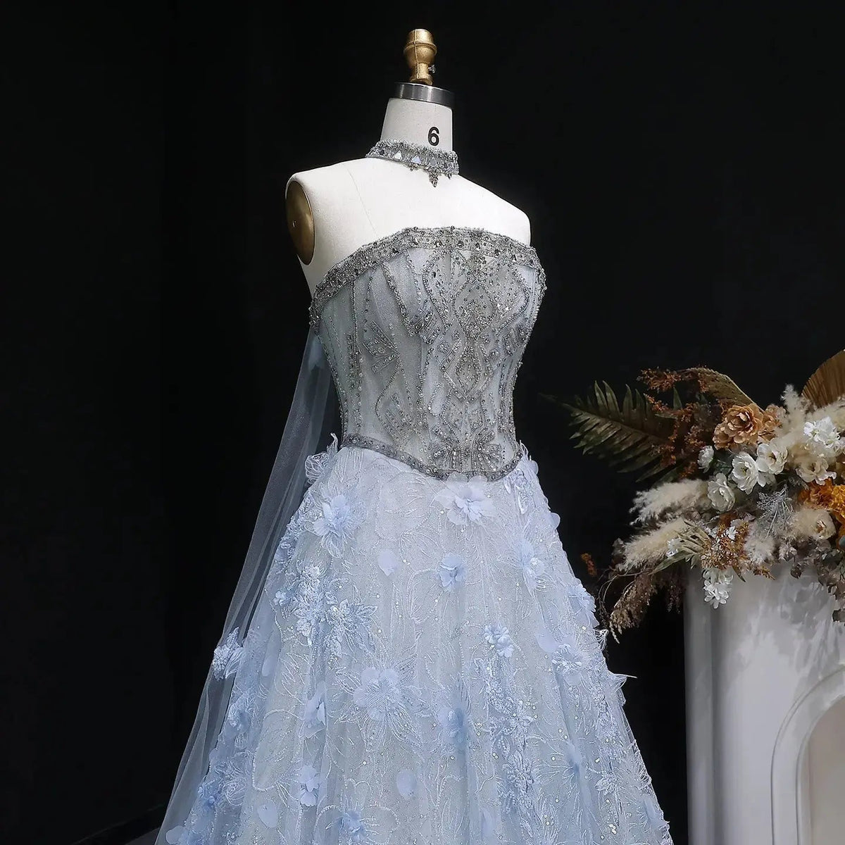 Luxury Blue 3D Floral Beaded Ball Gown Evening Dress with Overskirt SS745